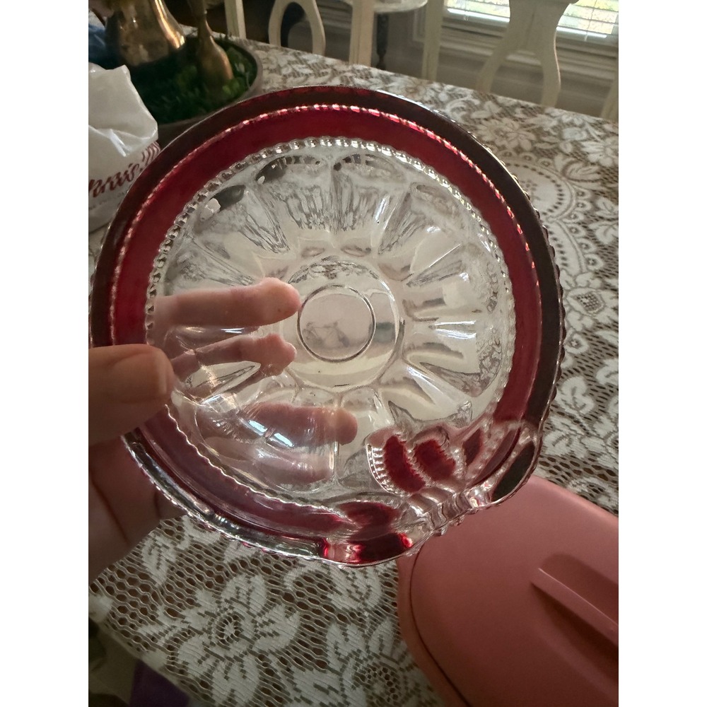 Mikasa Bowl Ruby Red Bow Ribbon Clear Pressed Candy Dish Vintage - Picture 5 of 5